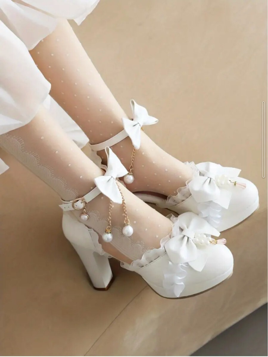 1000円OFF 24.5-25cm リボン厚底ハイヒール パール レース プリンセスシューズ 靴 ホワイト 白 ロリータ ドール パンプス ストラップ拍卖