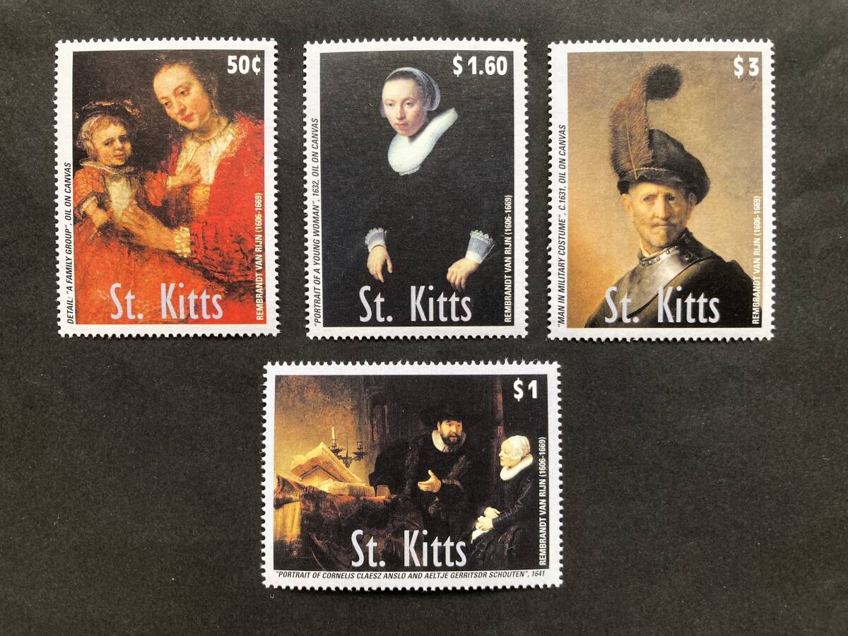 外国切手:セントキッツ切手 「レンブラントの絵画」4種完 未使用拍卖