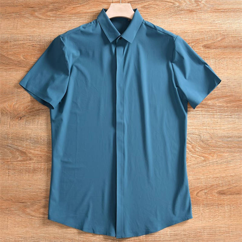 W0768-XLブルー 新品 盛夏 ストレッチ 半袖シャツ メンズ 軽量 通気 涼感 吸汗速乾 快適 細身 薄手 夏 ビジネス カジュアル シャツ拍卖