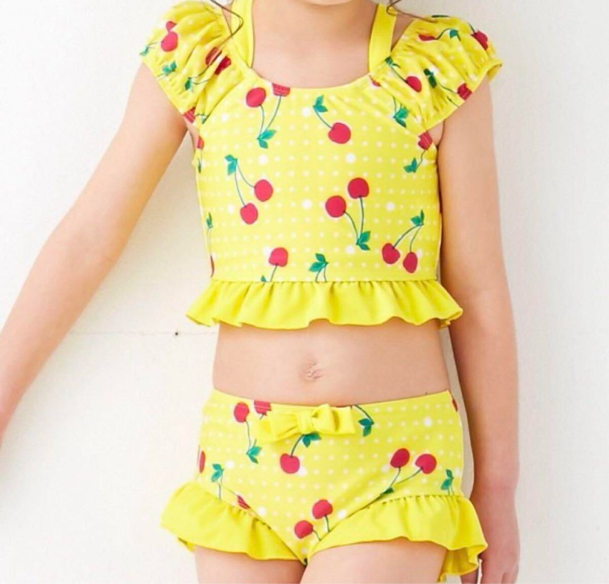 新品 アンパサンド 110cm セパレート水着 水着 女の子 キッズ チェリー セパレートタイプ さくらんぼ 黄色拍卖