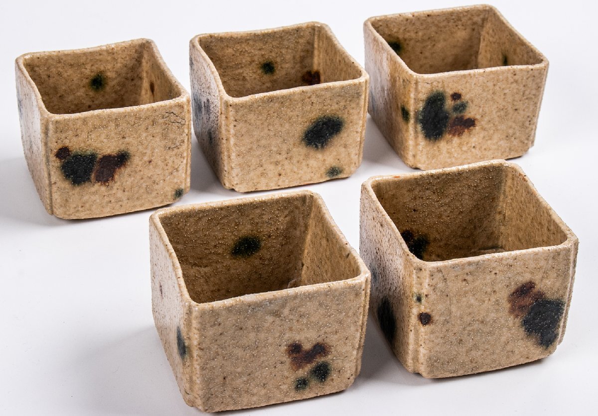 【うつわ】 黄瀬戸 枡形向付 5客 江戸時代 箱付 E1622 古美術 骨董 時代物 古玩 唐物 茶道具 日本料理 懐石拍卖