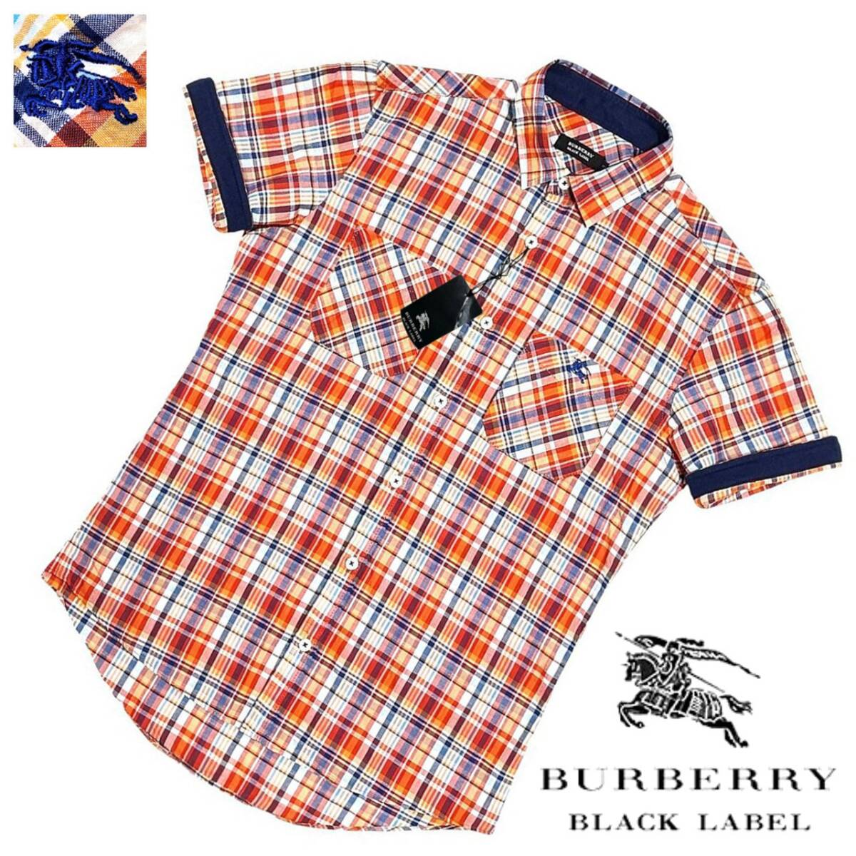 新品 バーバリーブラックレーベル ホース刺繍 ノバチェック 2WAY ロールアップ COOLMAX シアサッカー 半袖シャツ 2/M BURBERRY BLACK LABEL拍卖