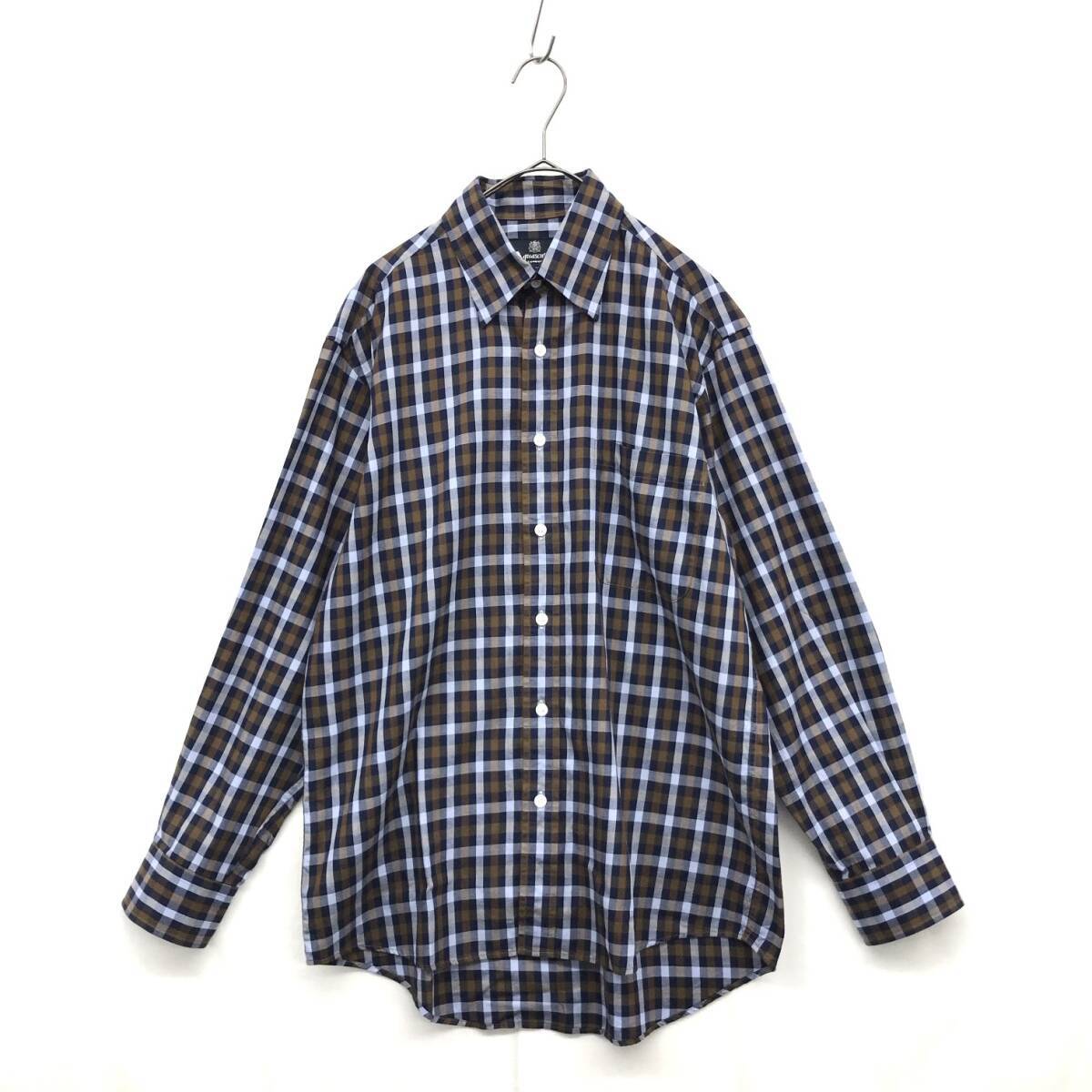 JZ0409★Aquascutum : チェック柄 長袖ボタンダウンシャツ★M★ブラウン系 コットン 日本製 アクアスキュータム拍卖