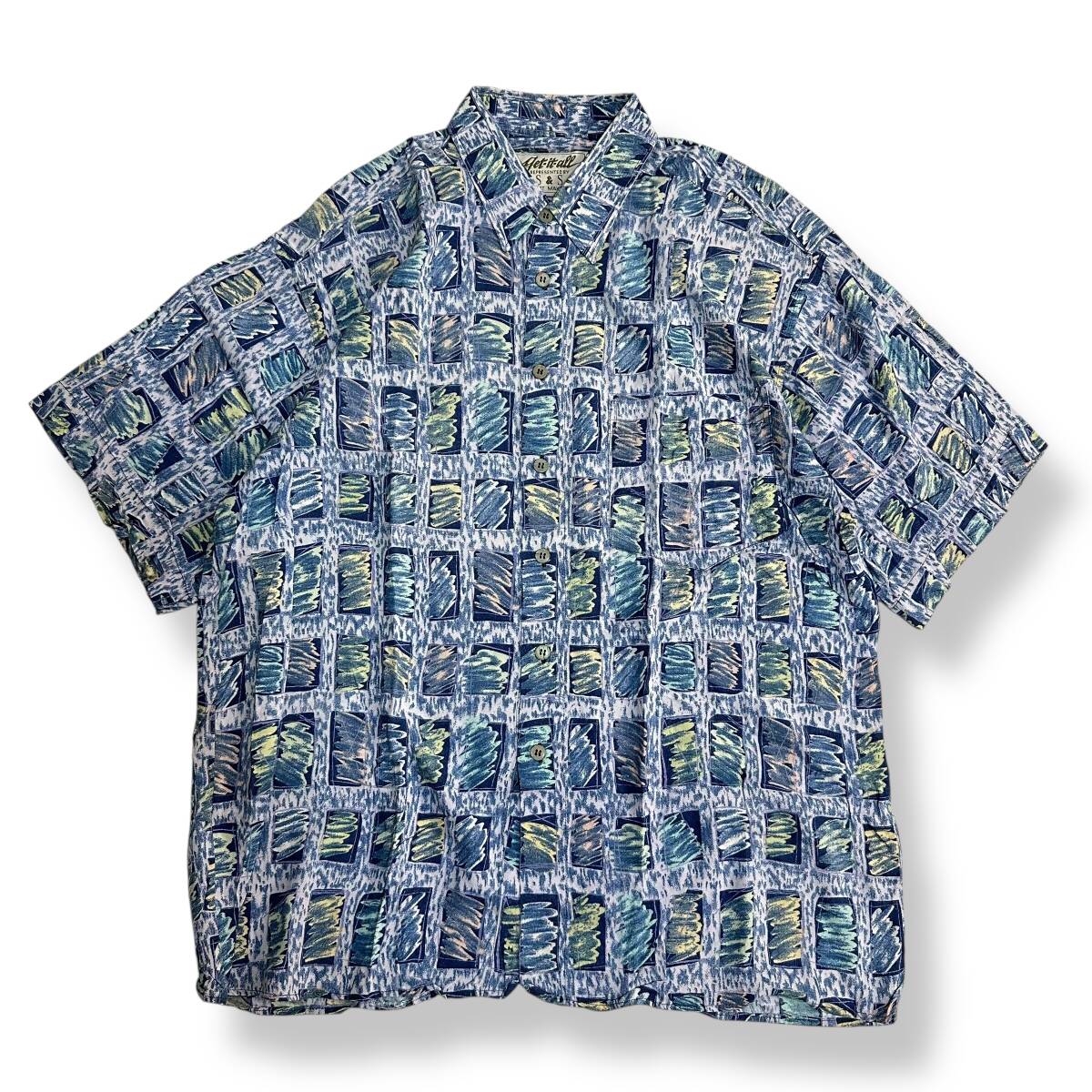 お洒落 貴重【Yet-it-all】VINTAGE 80s 90s 総柄 アート ビスコース生地 ビンテージ半袖シャツ レトロ 古着 アロハ拍卖