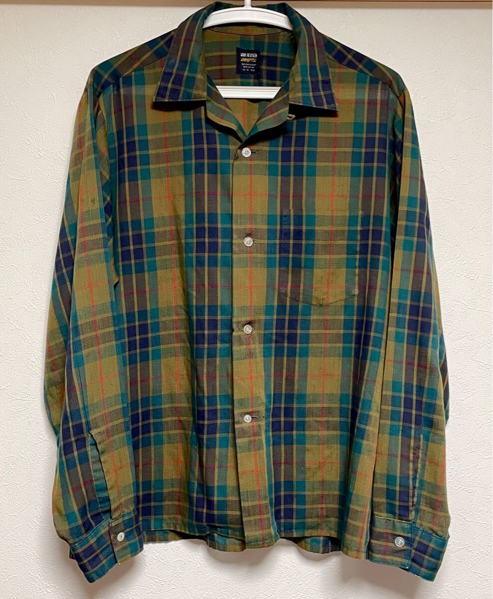 ビンテージ オープンカラーシャツ Van Heusen M 15 - 15 1/2 チェック 長袖 開襟シャツ us vintage towncraft sears brent arrow 60s拍卖