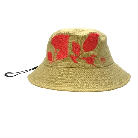 【未使用】フェンディ FXQ979 バケットハット 帽子 バケハ ジップポケット付き 薔薇 刺繍 ロゴ コットン ベージュ ピンクダリア M拍卖
