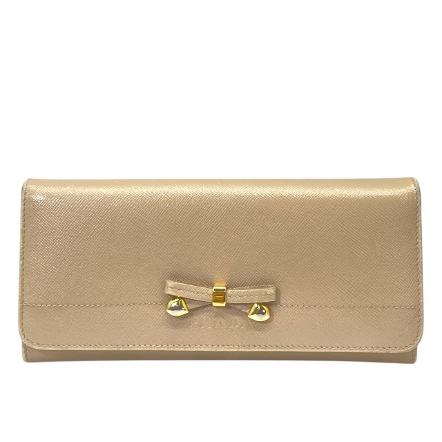 PRADA プラダ 1M1132 長財布 財布 ロングウォレット 二つ折り財布 折財布 ロゴ リボン レザー ベージュ拍卖
