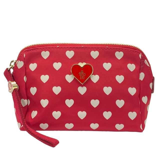 MONCLER モンクレール ポーチ 小物入れ メイクポーチ 化粧ポーチ マルチポーチ ハート柄 ロゴ ナイロン レザー レッド ホワイト拍卖