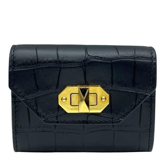 【美品】Alexander McQueen アレキサンダー・マックイーン 名刺入れ カードケース 小銭入れ コンパクトウォレット レザー ブラック拍卖