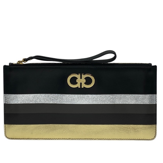 Salvatore Ferragamo フェラガモ ガンチーニ ポーチ 小物入れ コインケース マルチポーチ ロゴ レザー ブラック マルチカラー拍卖