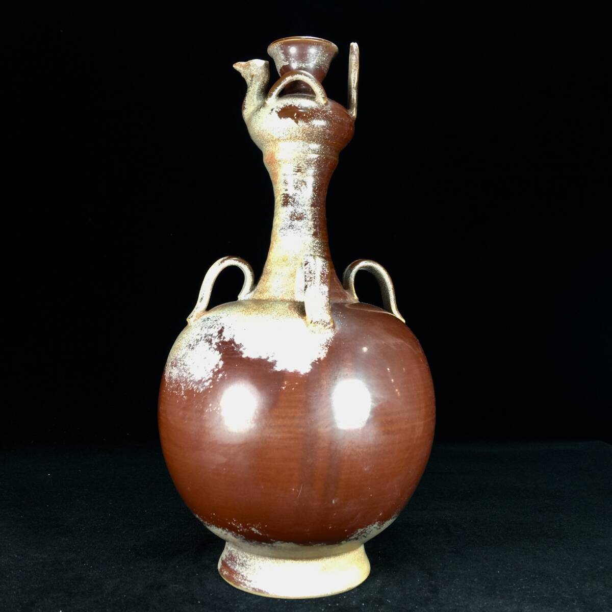 宋時代 古陶磁器 紫定磁四係鳳首瓶 賞瓶 花器 花瓶 文案置物擺件 極細工 時代物 中国唐物 中国旧藏 古賞物 中国古玩 古美術品拍卖