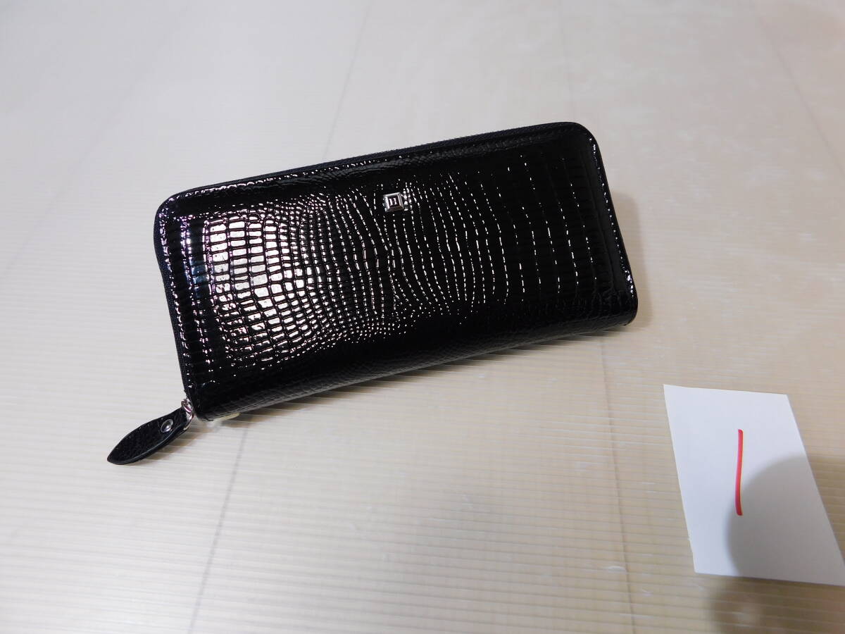 実物撮影 財布 長財布 ブラック 黒 革 本革 牛革 クロコダイル柄 ワニ柄 エナメル パテントレザー ラウンドファスナー 希少 1拍卖
