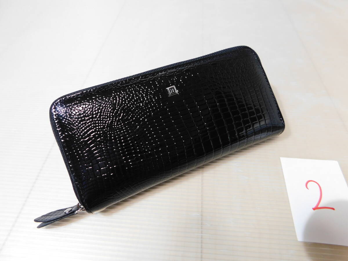 実物撮影 財布 長財布 ブラック 黒 革 本革 牛革 クロコダイル柄 ワニ柄 エナメル パテントレザー ラウンドファスナー 希少 2拍卖