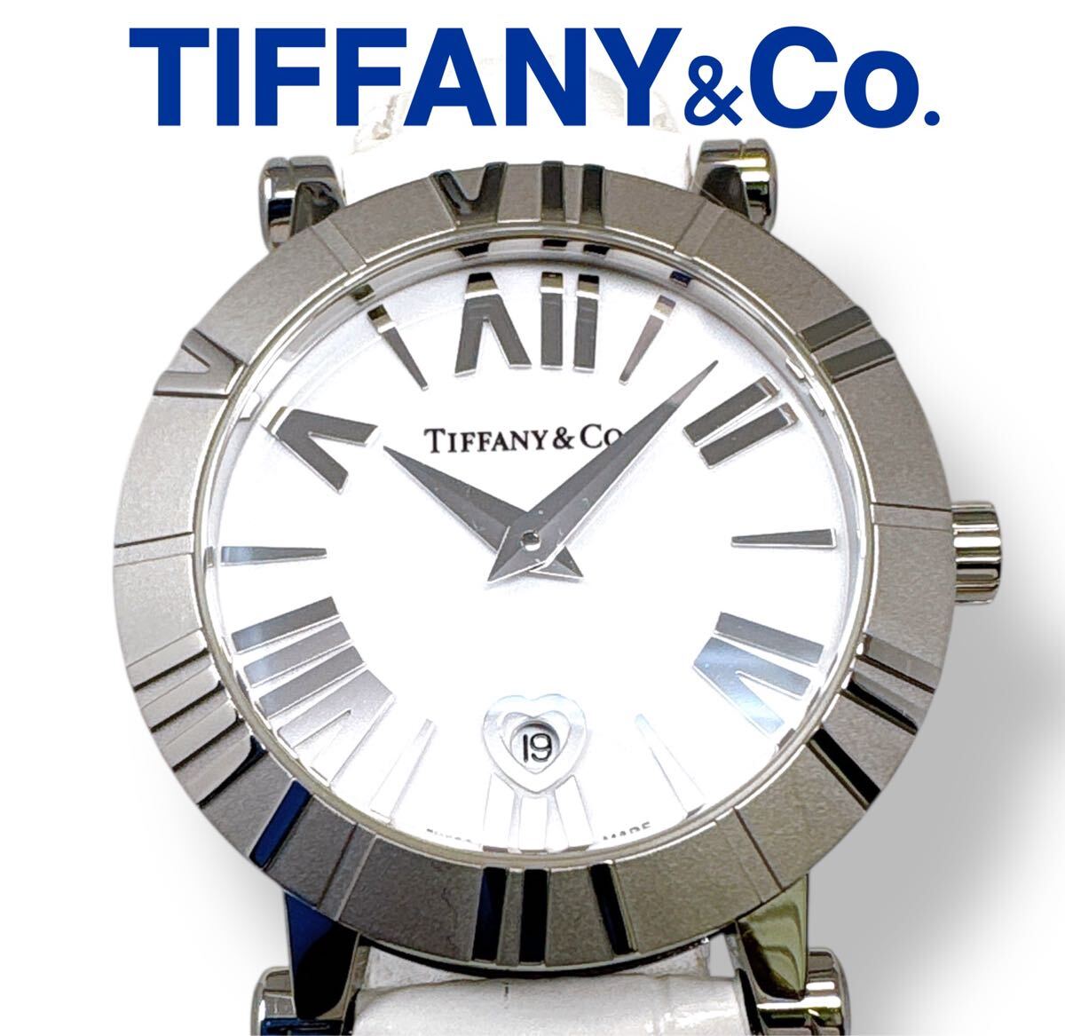 ティファニー TIFFANY&Co. アトラス Z1300 ホワイト文字盤 白 革ベルト レザー クォーツ デイト レディース 腕時計 ブランド 稼働 美品拍卖