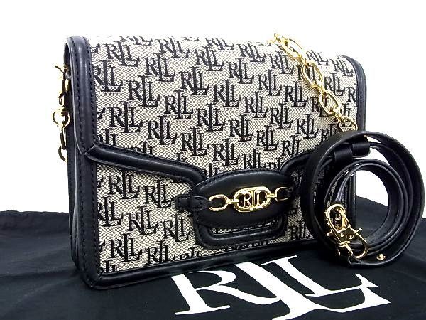 ■新品同様■ RALPH LAUREN ラルフローレン キャンバス×レザー クロスボディ ショルダー 斜め掛け アイボリー系×ブラック系 BG4911拍卖