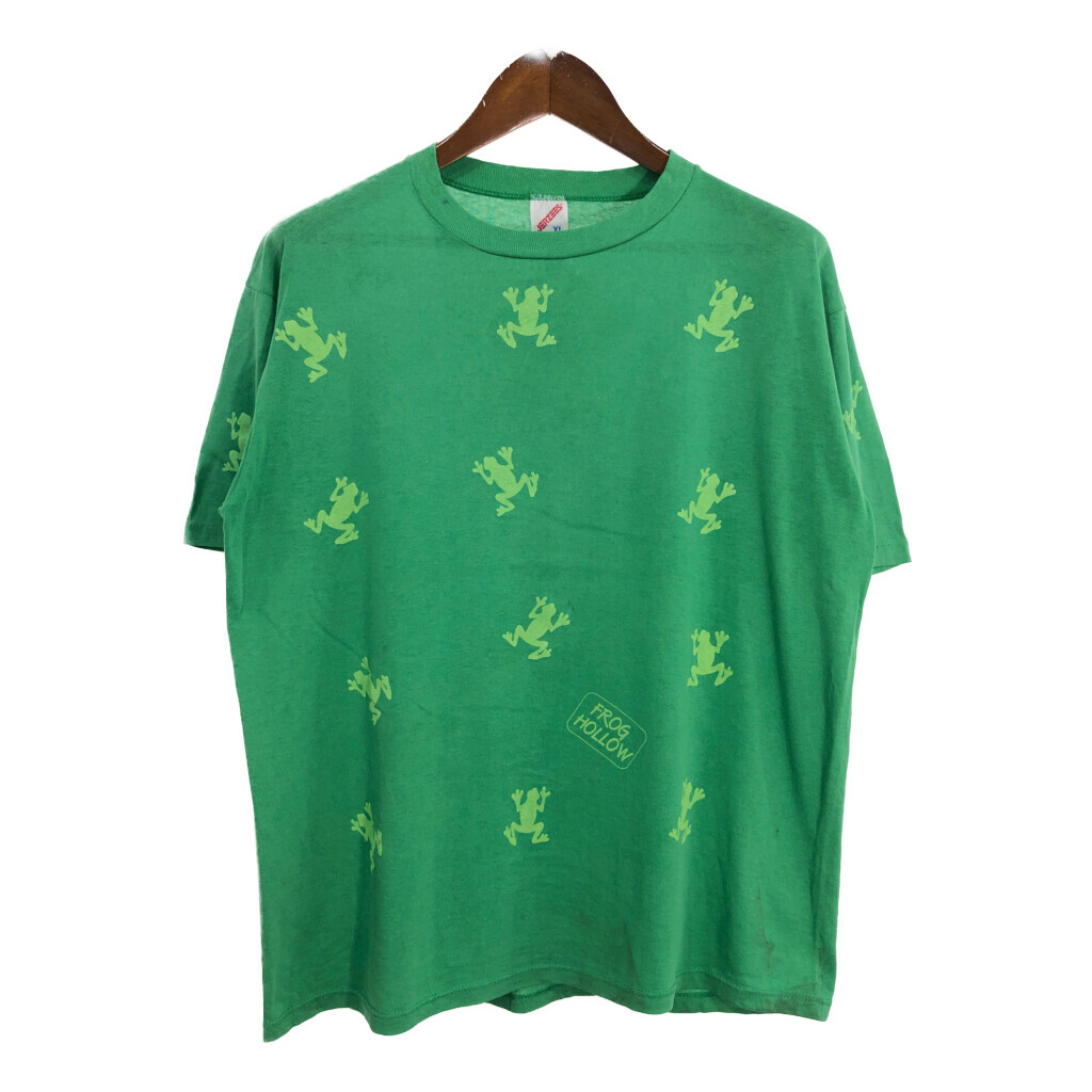 90年代 USA製 JERZEES ジャージーズ アニマルプリント カエル FROG HOLLOW 半袖Tシャツ グリーン(メンズ XL)中古 古着 U0282拍卖
