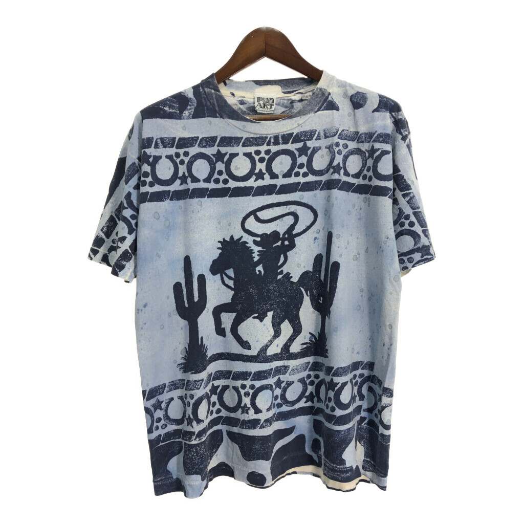 90年代 USA製 FUN ART オールオーバープリント 半袖Tシャツ ブルー(メンズ ONE SIZE)中古 古着 U1126拍卖