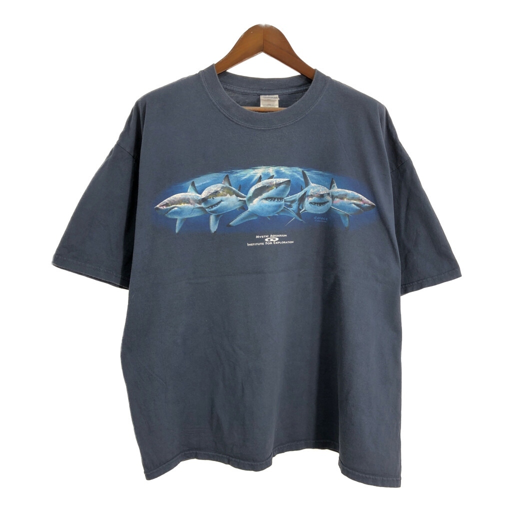 00年代 アニマルプリント ホオジロザメ 半袖Tシャツ 大きいサイズ ネイビー(メンズ XXL)中古 古着 U1951拍卖