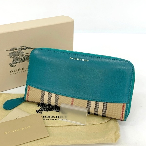 BURBERRY バーバリー ホースフェリー チェック エルモア 長財布 ロングウォレット ラウンドファスナー レディース グリーン 服飾 DF15129■拍卖