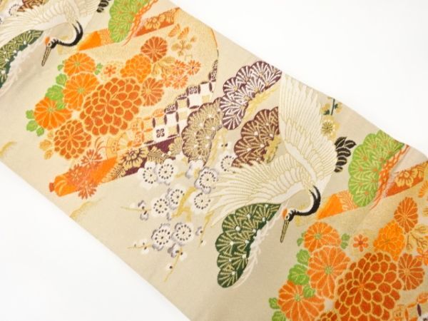 ys7394834; 宗sou 巻絵に鶴・枝梅・菊模様織り出し丸帯(材料)【アンティーク】【着】拍卖