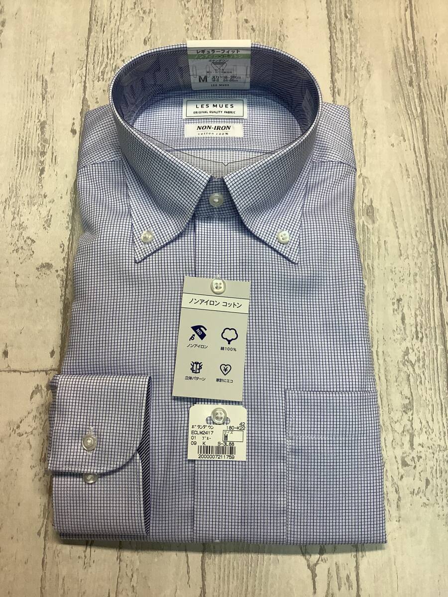 新品 39-86長袖Mサイズ ★ボタンダウン★ドレスシャツ ノンアイロン綿100%☆ブルー系 チェック柄拍卖