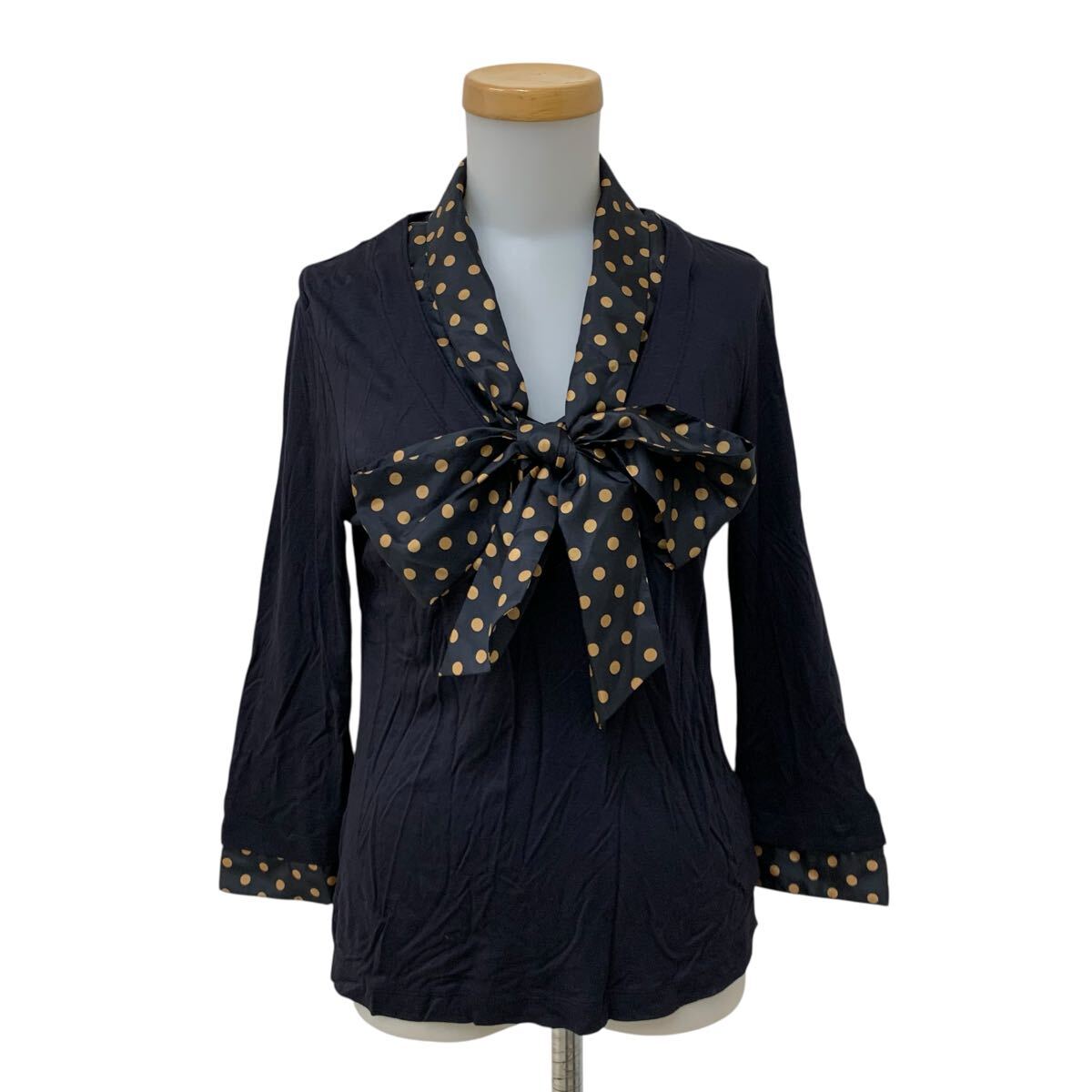 B452-46 AMACA アマカ カットソー シャツ 襟付き 3way トップス リボン デザイン ネイビー 紺 レディース 40拍卖