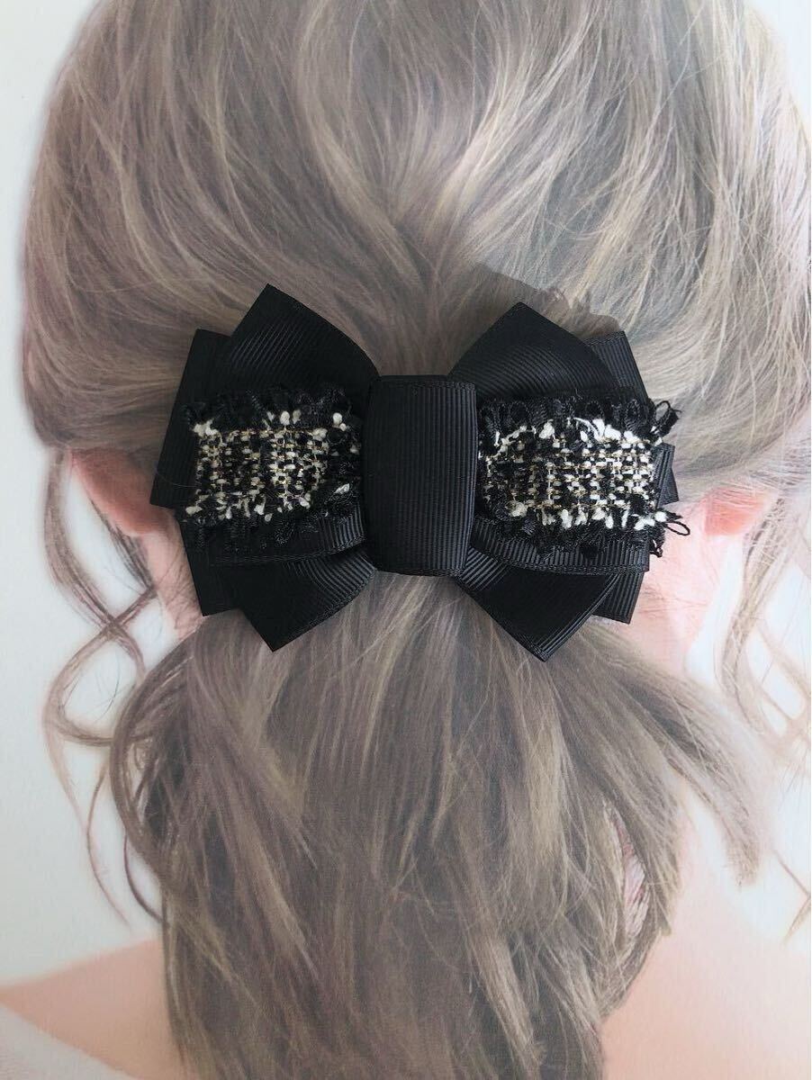 【ハンドメイド】ツイードリボンバレッタ☆ブラック ヘアアクセサリー313拍卖