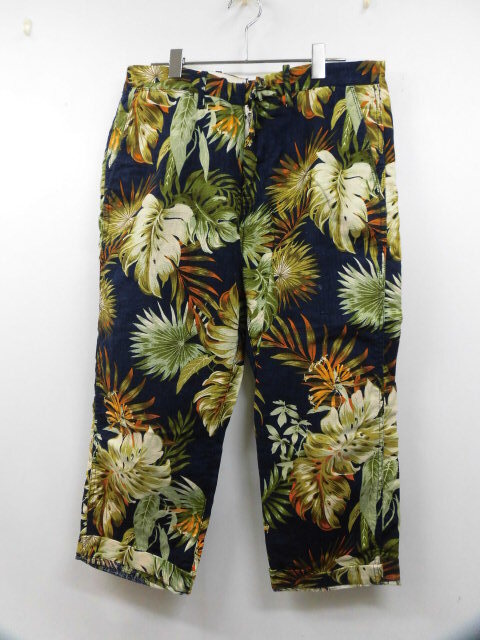 RAGEBLUE レイジブルー 総柄 リーフ柄 葉 アンクルパンツ 7分丈 パンツ 麻混 ボトムス 麻50% ネイビー 紺 メンズ Mサイズ拍卖