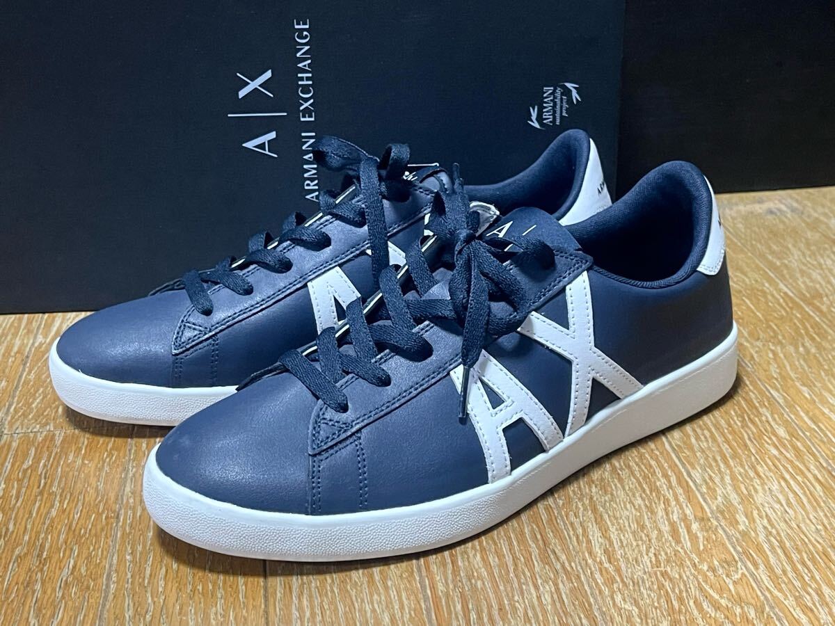 新作★ARMANI EXCHANGE アルマーニエクスチェンジ 牛革 レザースニーカー XUX016 XCC71 ネイビー 定価33500円 28cm拍卖