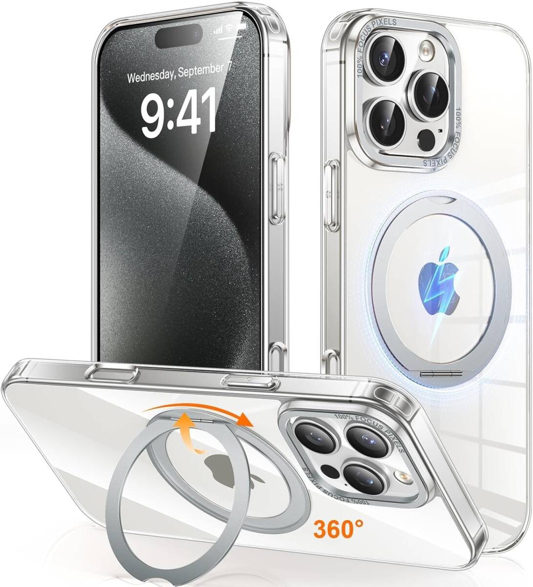 iPhone 16 Pro 用 ケース Magsafe対応 ワイヤレス充電 360°回転スタンド 縦横両対応拍卖