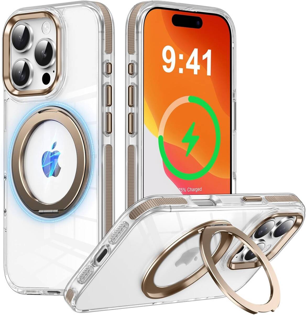 iPhone 16 Pro 用 ケース 多機能360度回転スタンド 縦横両用 マグネット搭載 MagSafe対応 滑り止めドット模様拍卖