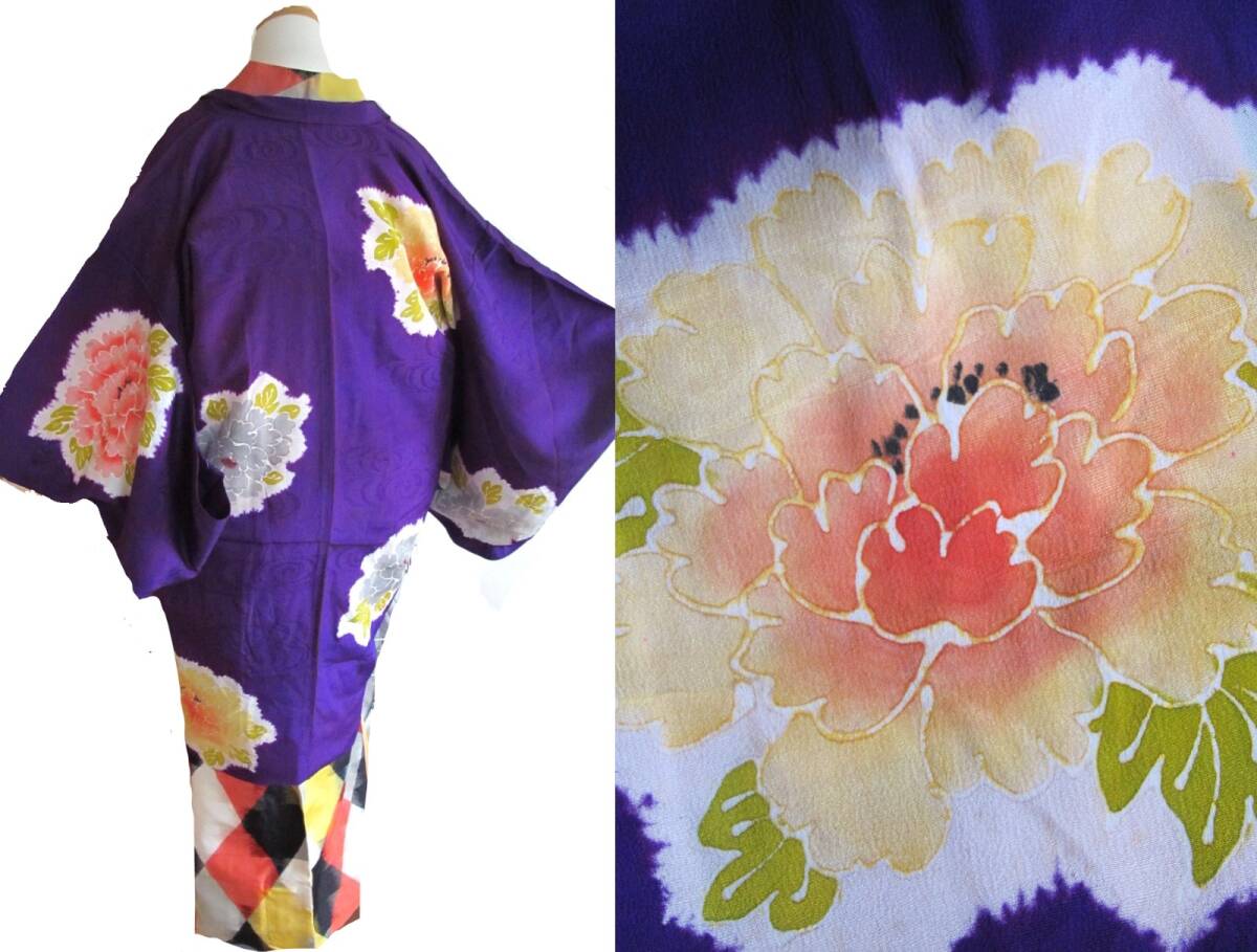 大輪牡丹 絞り アンティーク紋錦紗長羽織 紫拍卖