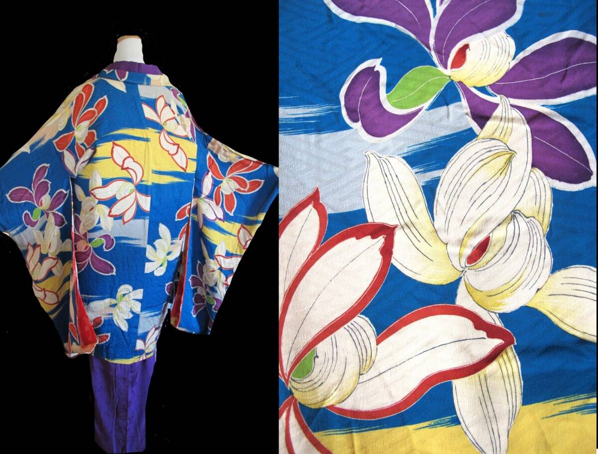 蘭に霞 青緑 紋錦紗アンティーク長羽織 大正ロマン拍卖