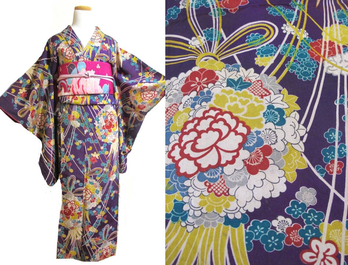 花薬玉模様 華やか アンティーク着物 紫拍卖