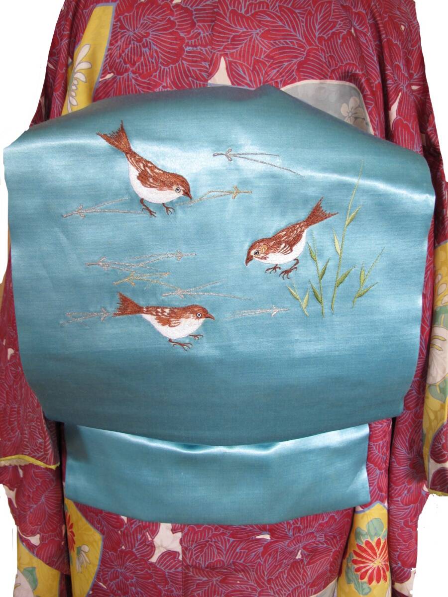 雀に松葉 アンティーク総刺繍名古屋帯 水色 スズメ 鳥拍卖