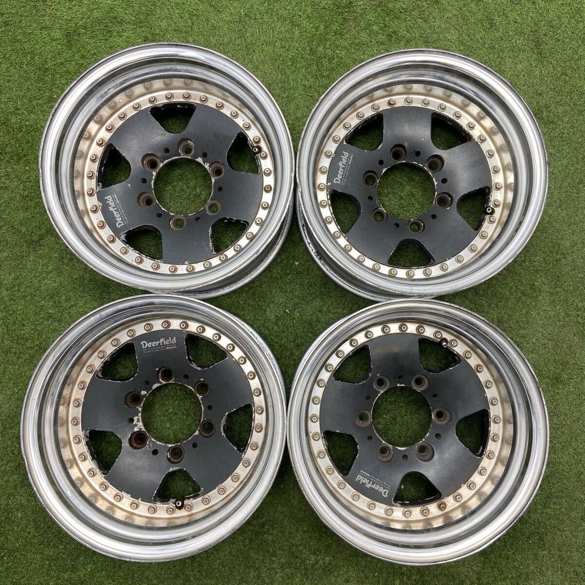 【0825】★深リム★15インチ AMP MOBEX Deerfield 15×8.0JJ ET-26 PCD139.7 6穴 ハブ径112 中古アルミホイール4本拍卖