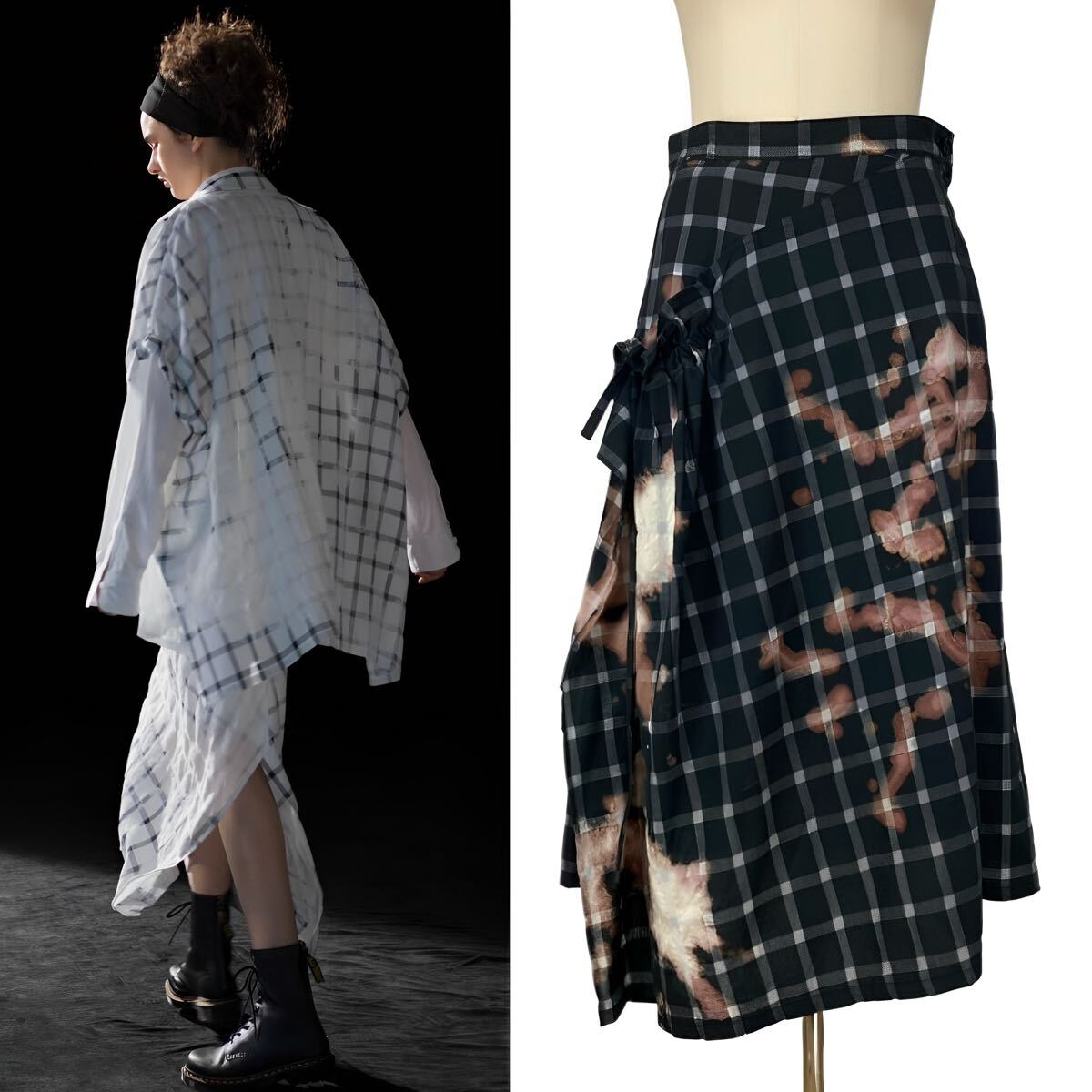 Y's SMOKE BLEACH CHECK FLARED SKIRT 1拍卖
