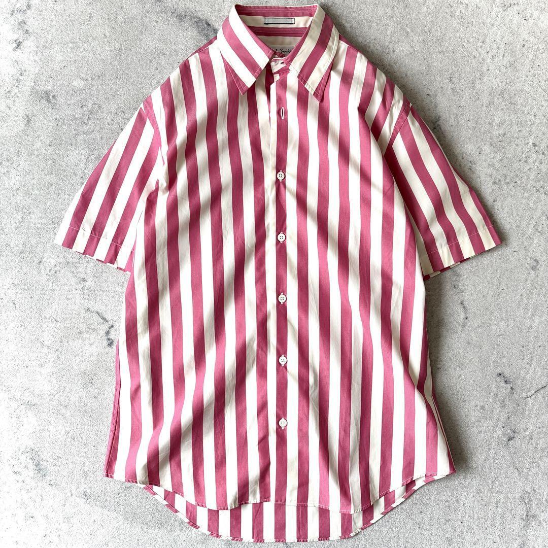 美品 ポールスミス Paul Smith メンズ 日本製 大き目Mサイズ ピンク ストライプ コットン 半袖 シャツ拍卖