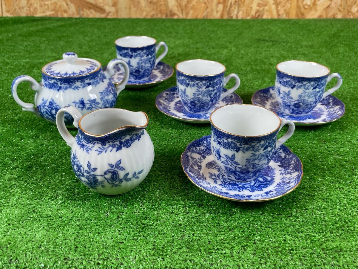 5B75 NARUMI ナルミ Blue Cathay ブルーキャセイ縁金彩花柄 ティーカップ ソーサー ミルクポット 蓋付 シュガーポット クリーマー 砂糖入拍卖