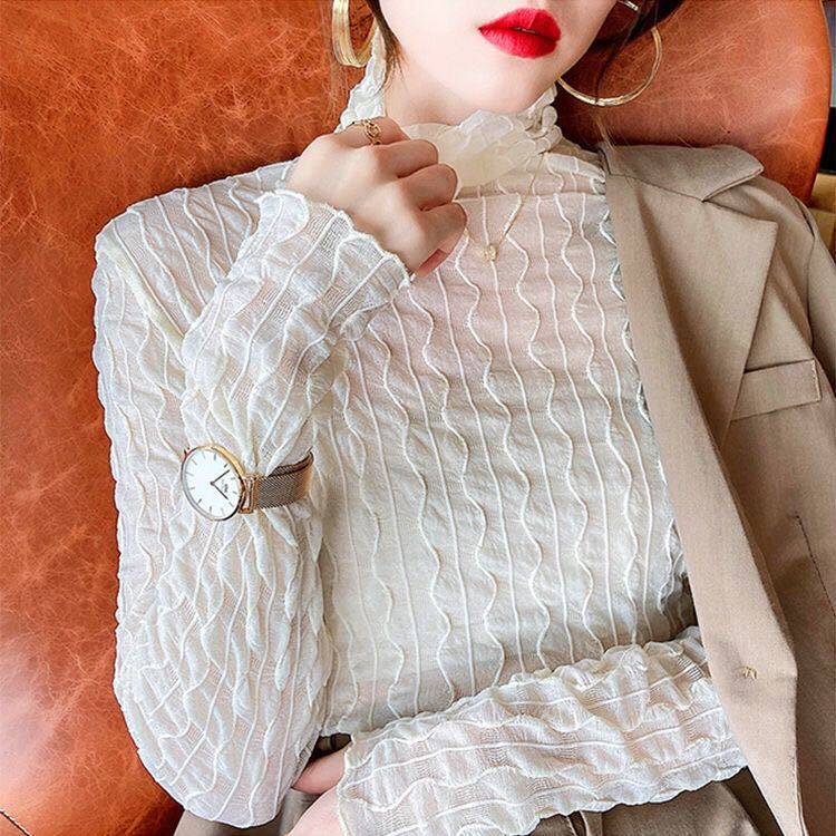 シアータートル シアートップス 肌見せ シアータートル 重ね着 カットソー ハイネック ホワイト/白長袖 UV対策 透け感 薄手 フリーサイズ拍卖