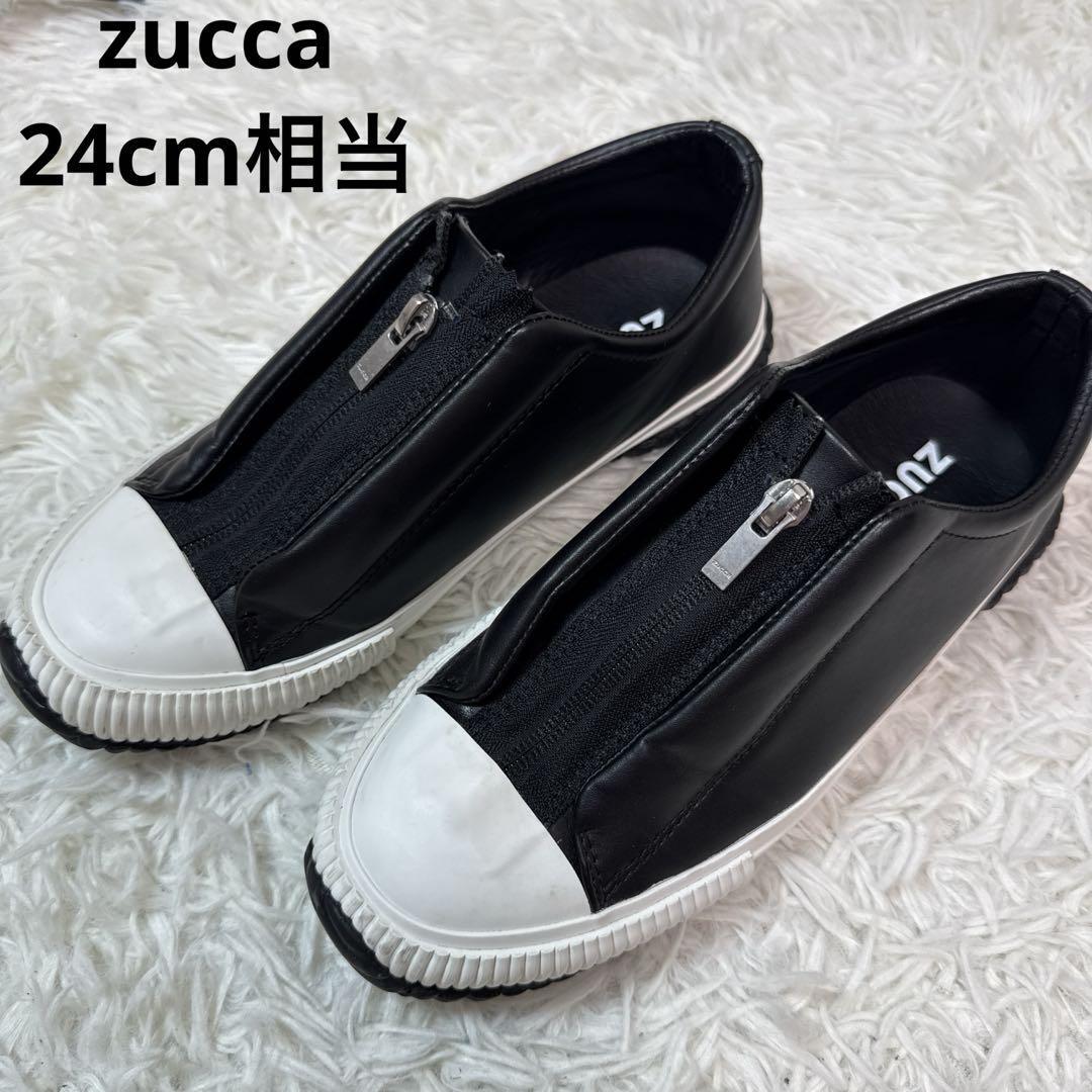 【美品】 ズッカ レザースニーカー 約24㌢ フロントセンタージップ Mサイズ拍卖