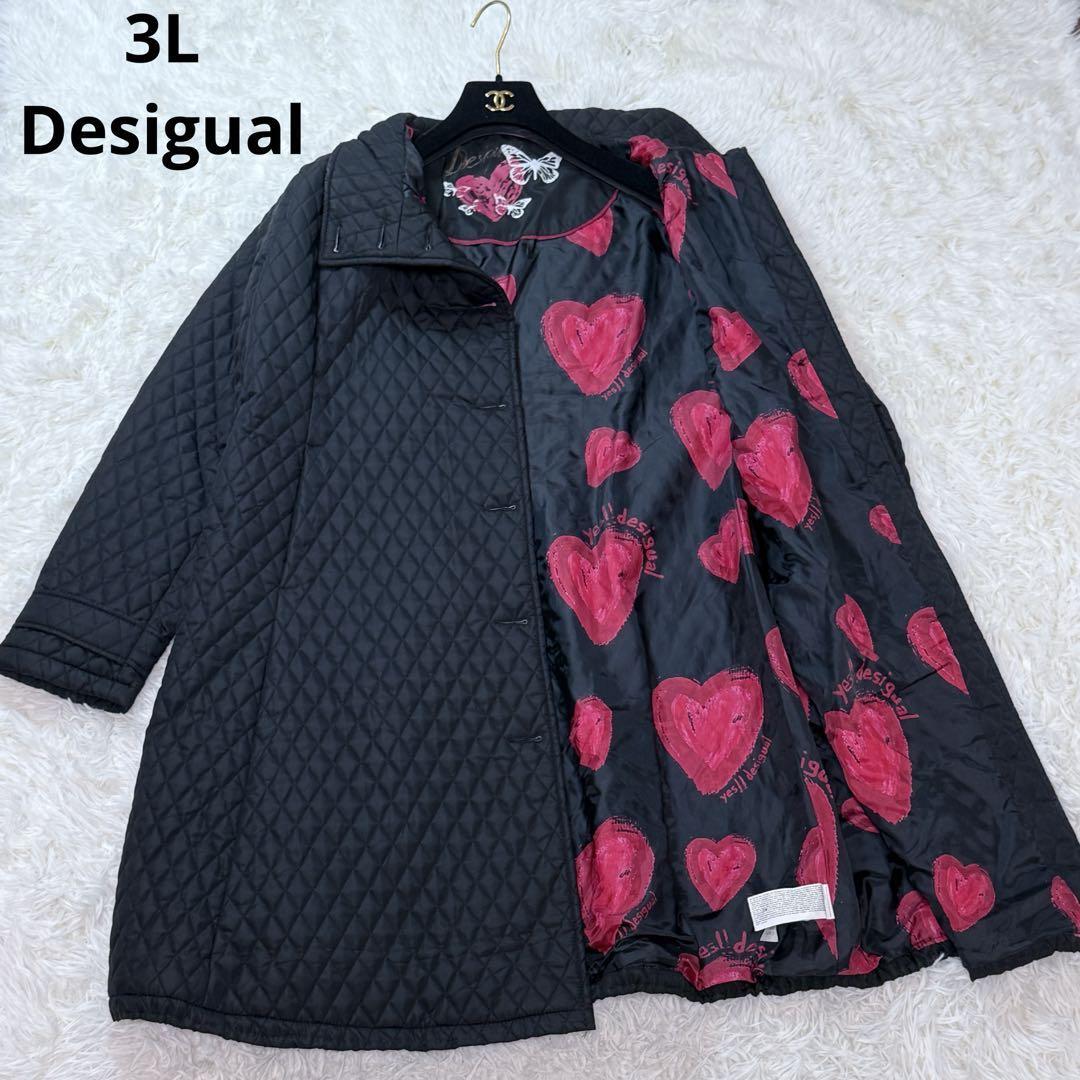 3L 大きいサイズ Desigual デシグアル アウター ロングコート キルティング 総柄 ハート柄 希少拍卖