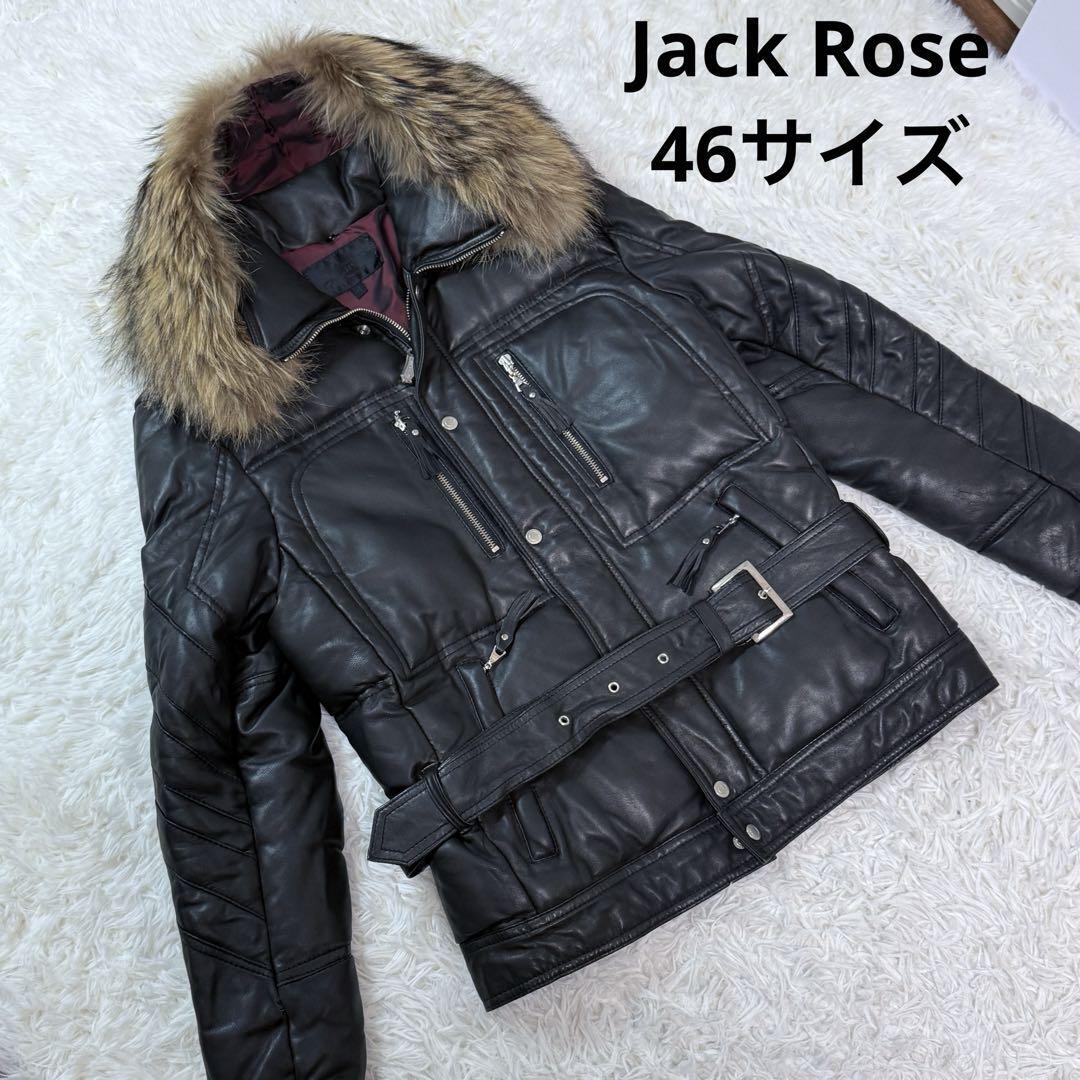 JACKROSE ジャックローズ ライダース ダウンジャケット ファー 46サイズ ラムレザー ラクーンファー着脱可能 ラムレザー ダブルジップ拍卖