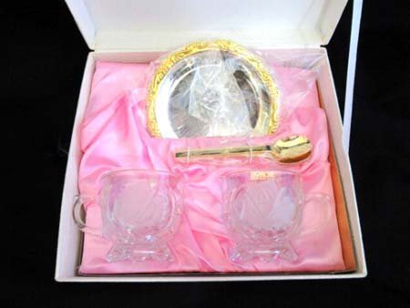 廣田硝子 バイロン HIROTA GLASS BYRON カップ&ソーサー×2 スプーン×2 ペア 箱つぶれあり 経年保管 中古 ■拍卖