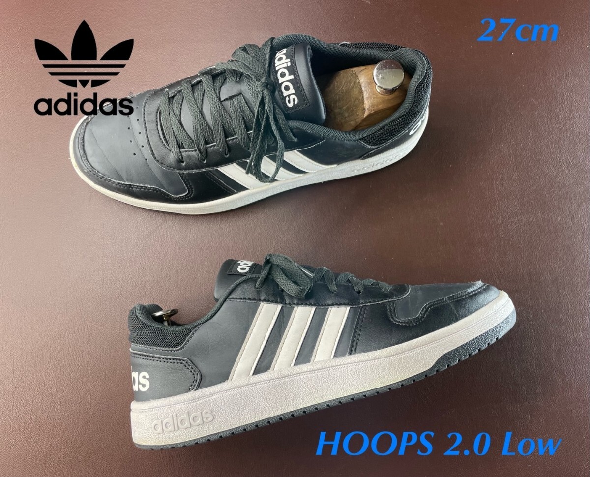 名機降臨!生産終了19年製!コンプリートデザイン!アディダス【フープス2.0Low】ローカットレザースニーカー!ブラック×ホワイト 27cm拍卖
