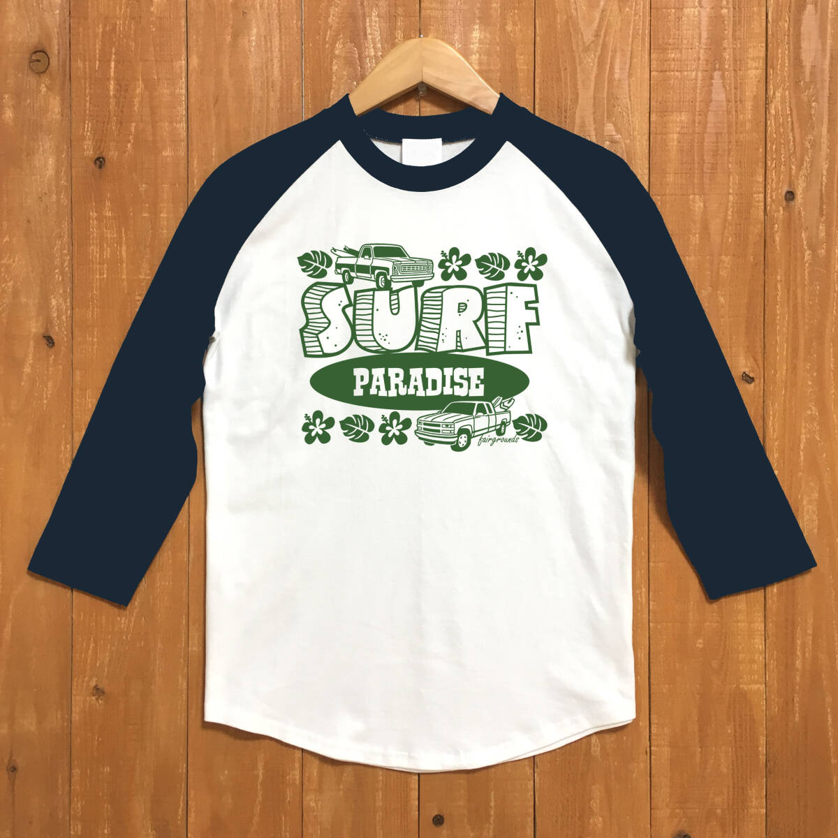 ■ SURF PARADISE ベースボ-ルTシャツ■Lサイズ(ネイビー袖xグリーン)アメ車 シボレー サーフィン ハワイ CHEVROLET CHEVY拍卖