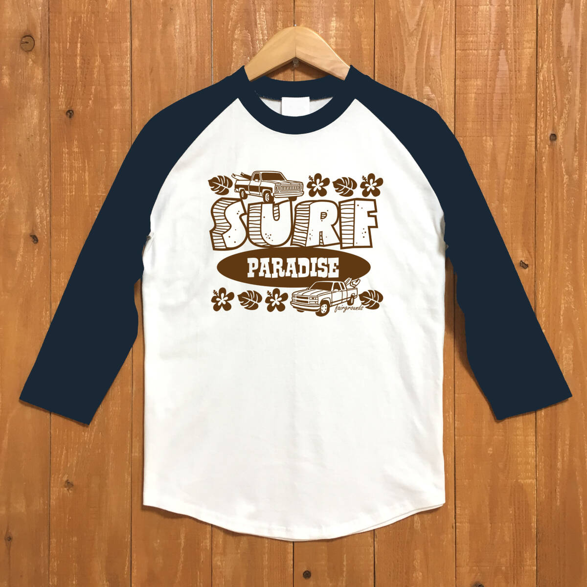 ■SURF PARADISE ベースボ-ルTシャツ■XLサイズ(ネイビー袖xブラウン)アメ車 シボレー サーフィン ハワイ CHEVROLET CHEVY拍卖