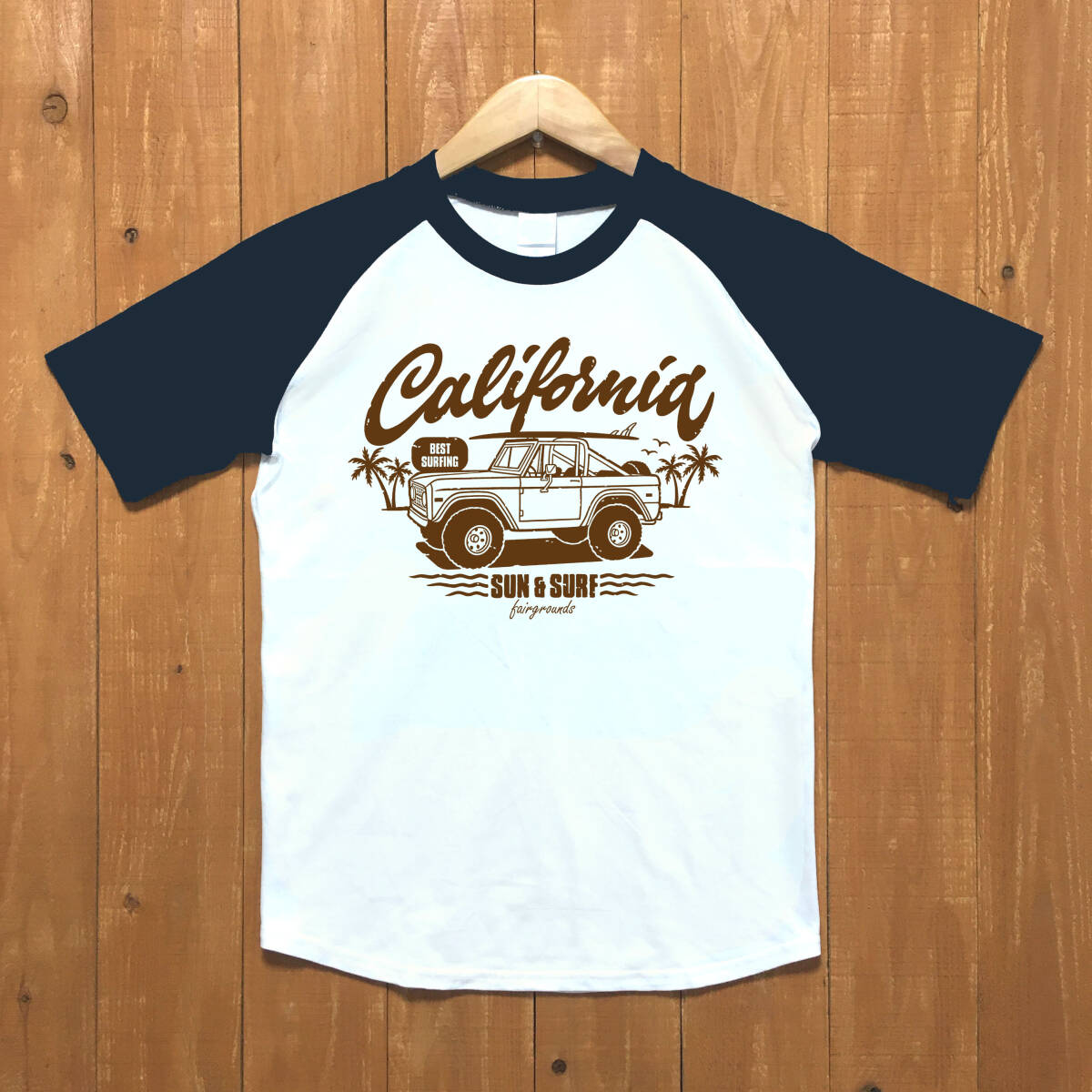 ■SUN & SURF ラグランTシャツ■XLサイズ(ネイビー袖xブラウン)アメ車 フォード ブロンコ サーフィン カリフォルニア BRONCO FORD拍卖