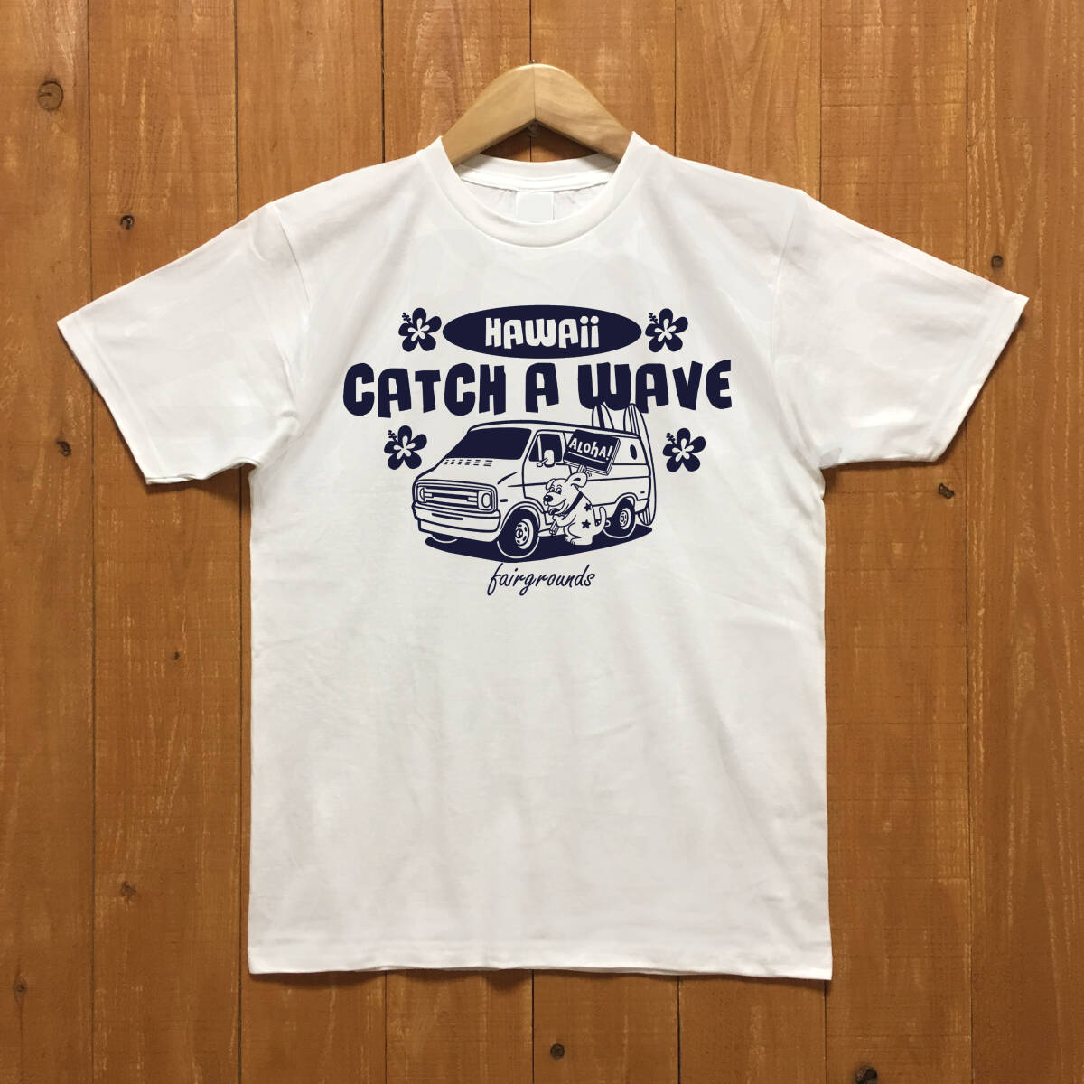 ■ CATCH A WAVE Tシャツ■Sサイズ(ホワイトxネイビー) アメ車 ダッジバン サーフィン サ-フ ハワイ DODGE HAWAII拍卖