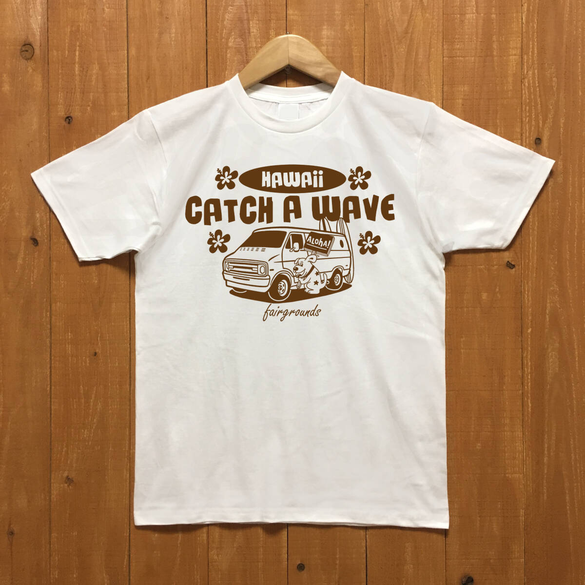 ■ CATCH A WAVE Tシャツ■Mサイズ(ホワイトxブラウン) アメ車 ダッジバン サーフィン サ-フ ハワイ DODGE HAWAII拍卖